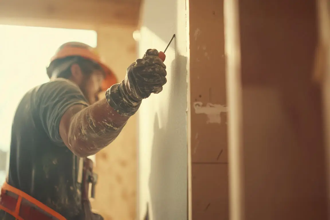 A construction worker installing drywall sheets on a wall at a building site. Featuring precision and finishing work.