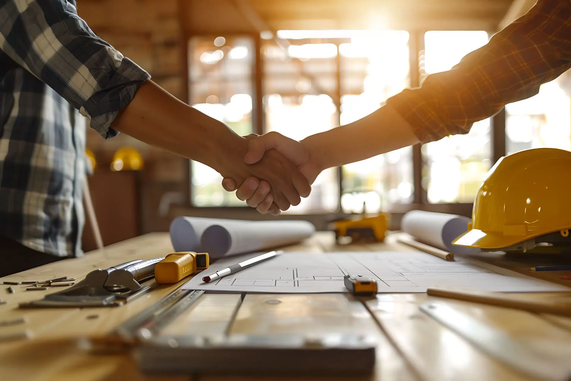 A handshake between a contractor and a homeowner after signing a renovation contract.
