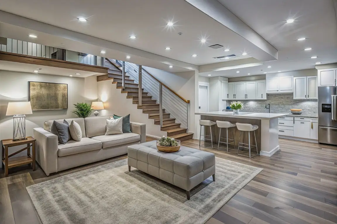 A modern basement renovation featuring a spacious room with a staircase and a white counter.