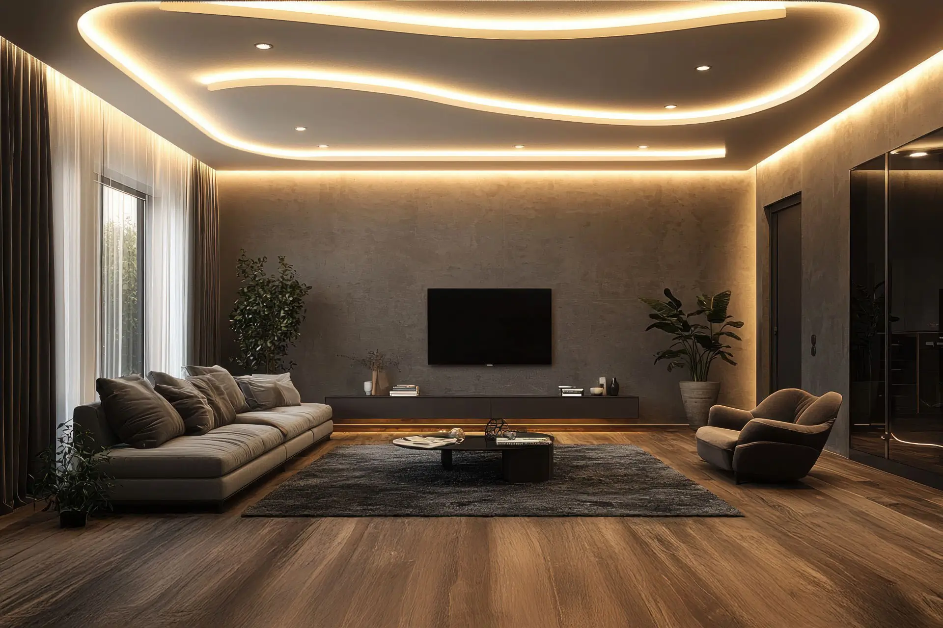 A sleek decorative ceiling with integrated LED strip lighting casting soft, modern illumination.