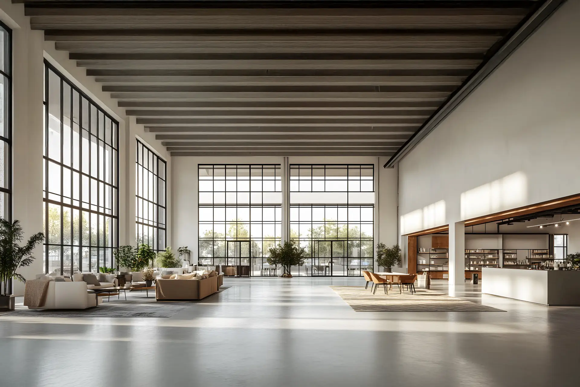 A vast commercial space with high ceilings, large windows, and white walls, offering plenty of room for product displays and text space.