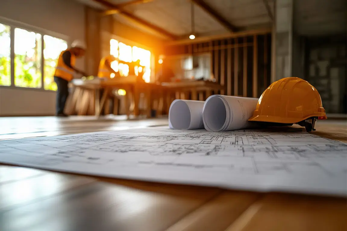 Construction site blueprints and hard hats.