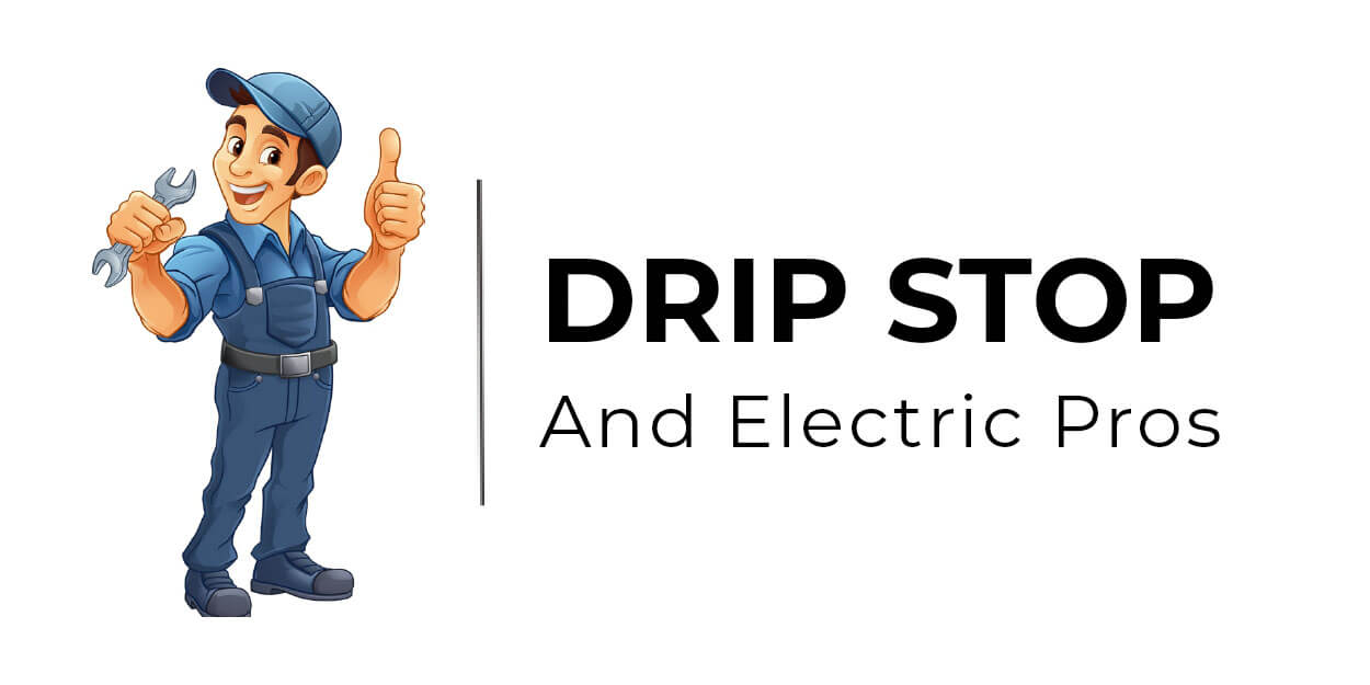 Graphic of a drawing of a plumber holding a wrench. There is text that reads "DRIP STOP and Electric Pros".
