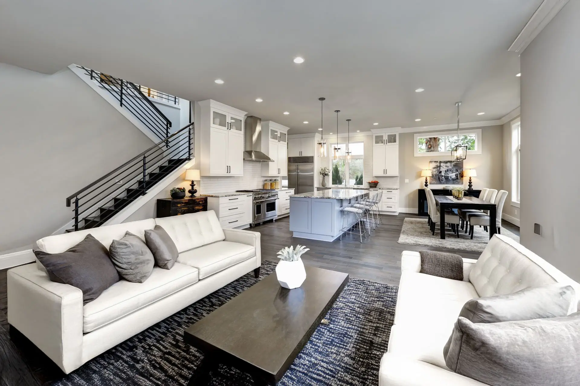 Large modern luxury living room interior in Bellevue home.
