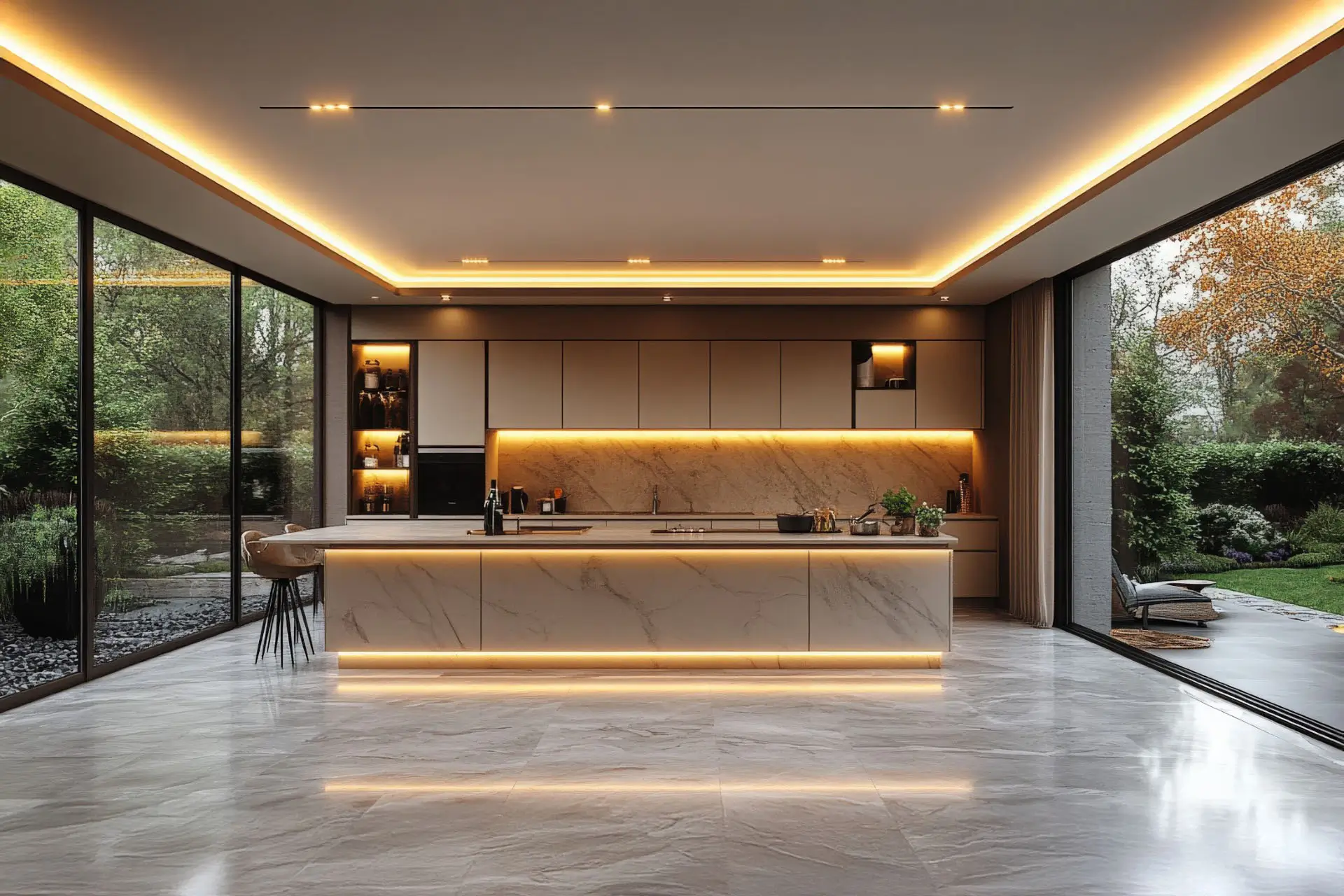 Luxurious open kitchen illuminated with warm led lighting and garden view.