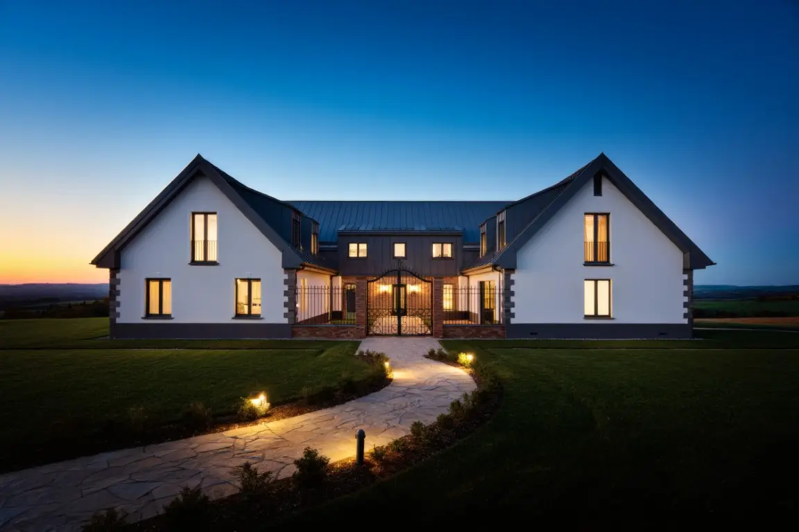 A luxury modern farmhouse, its interior illuminated by lights at night, surrounded by lush green grass.