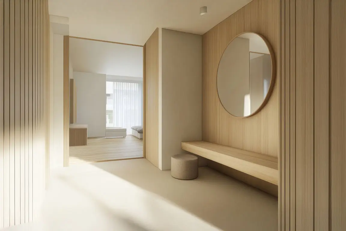 Minimalistic Scandinavian-style entryway with natural wood finishes, a simple mirror, and clean lines creating a welcoming atmosphere.