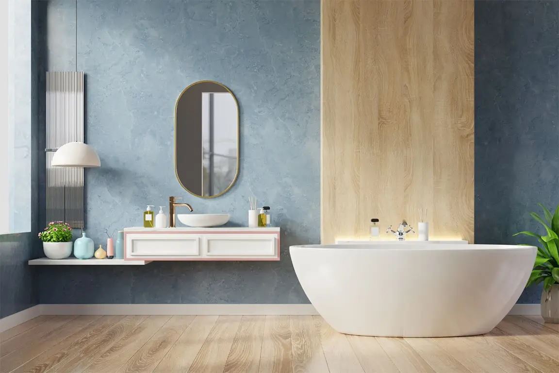 Modern Bathroom interior design on dark blue wall.