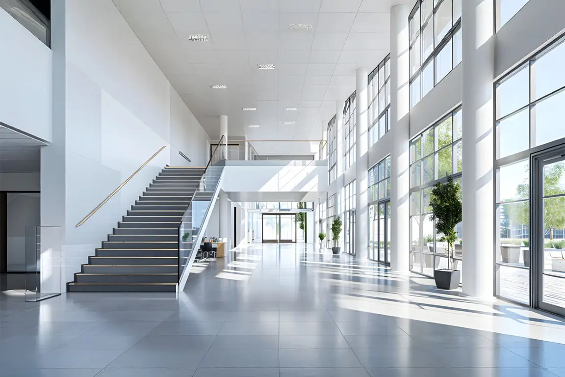 Modern office building interior with staircase and glass windows, white walls, gray floor tiles, and high ceilings. In the center of the picture is an open space for business activities.