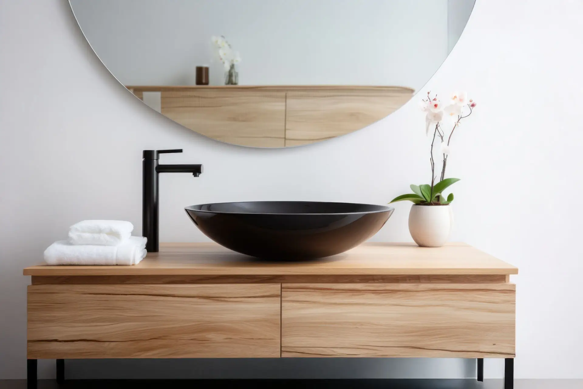 Stylish stone vessel sink with a deep basin, mounted on a light wood countertop with subtle grain details.