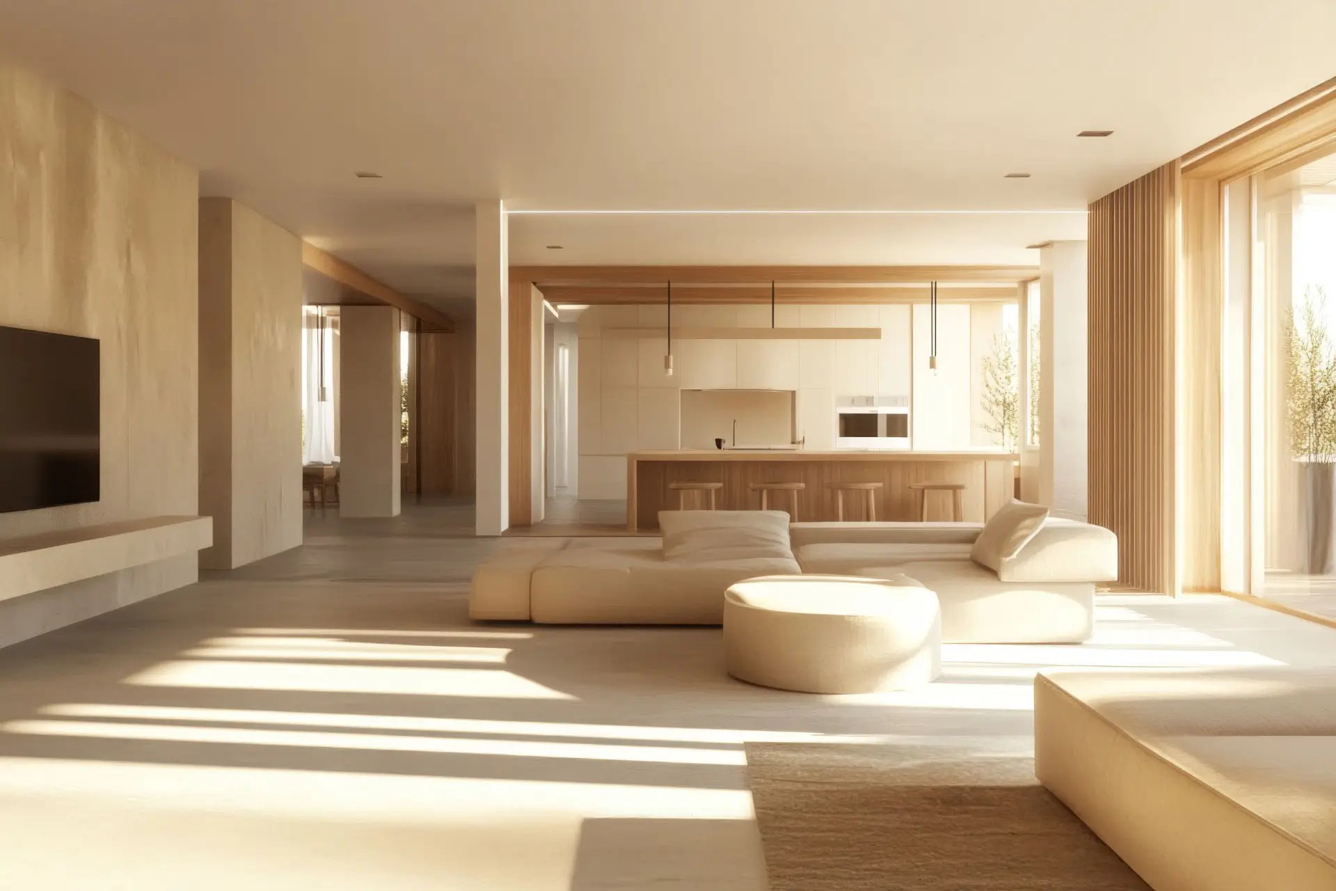 Unfinished modern living space with drywall and plasterwork, ready for final touches.
