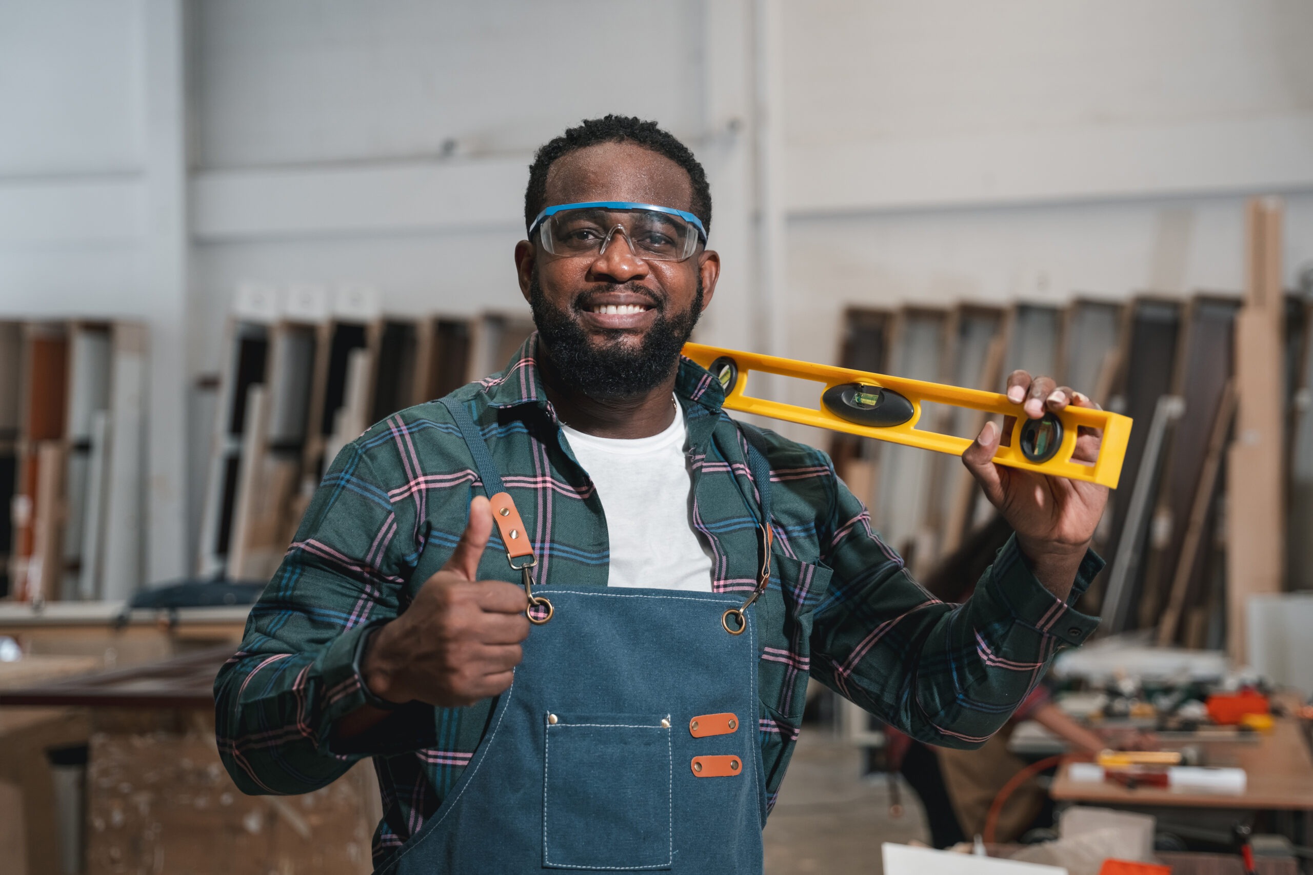 A handyman holds a large level.